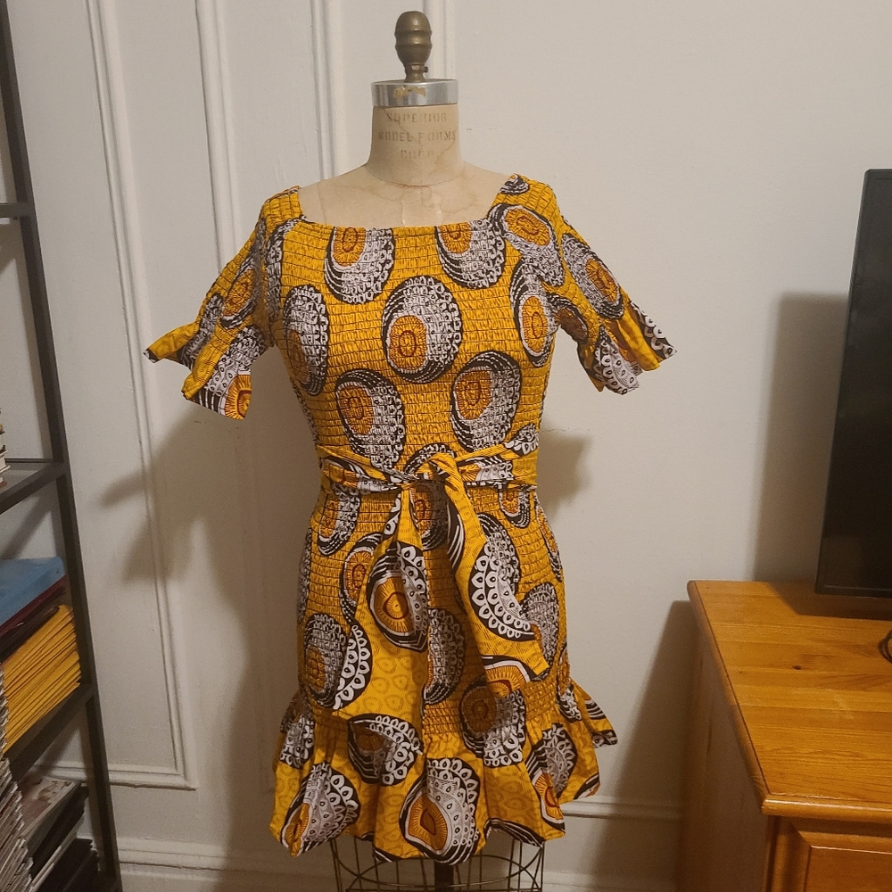 Yellow Printed Smocked Dress